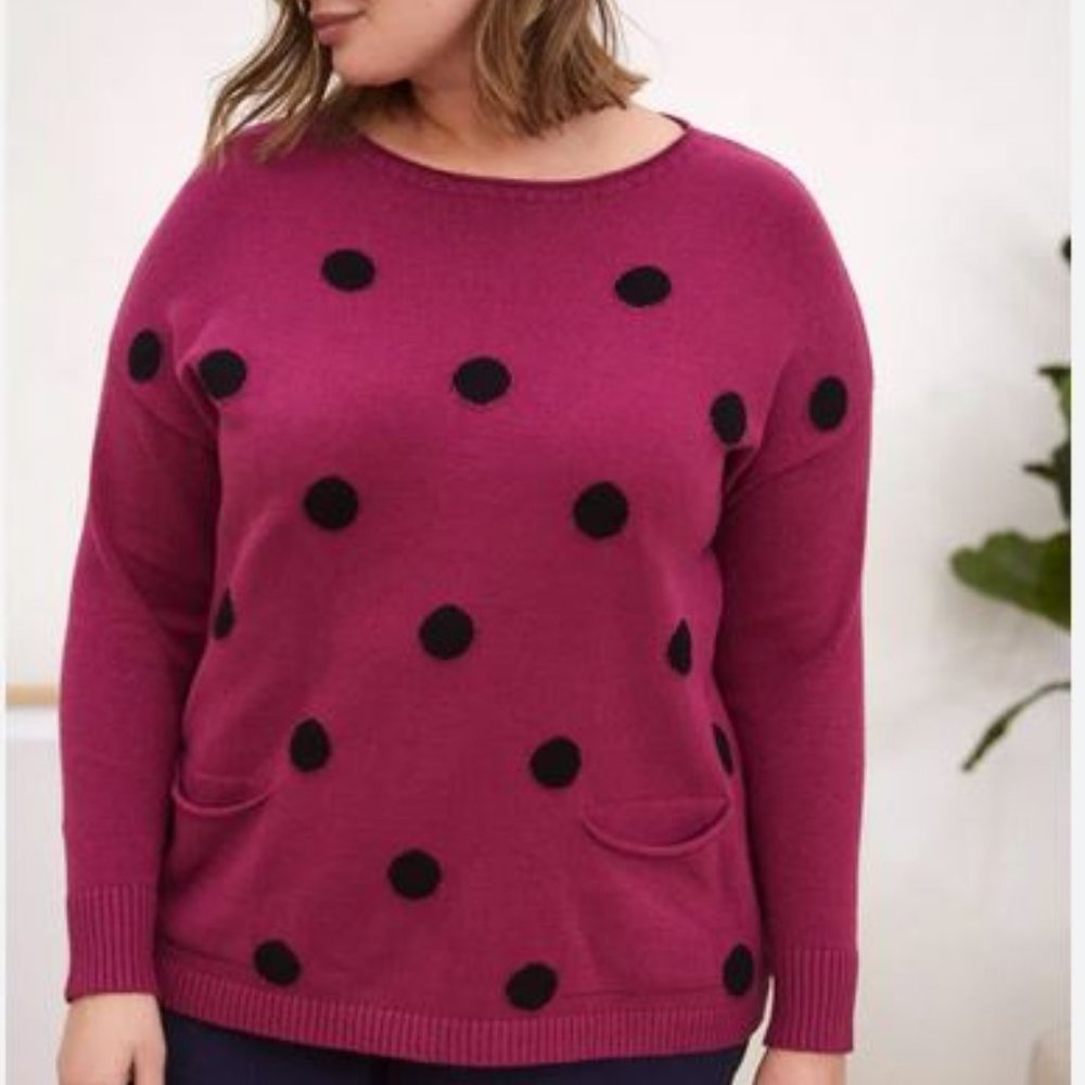 LAURA:  Sweater With Large Polka Dots - fuchia with black polka dots